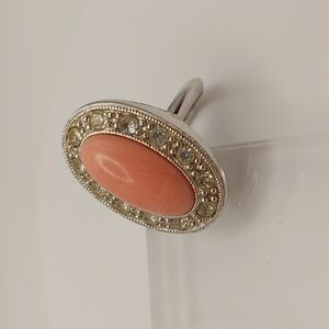 Avon 1974 Faux Coral & Rhinestone Adjustable Silvertone Vintage Ring Mint